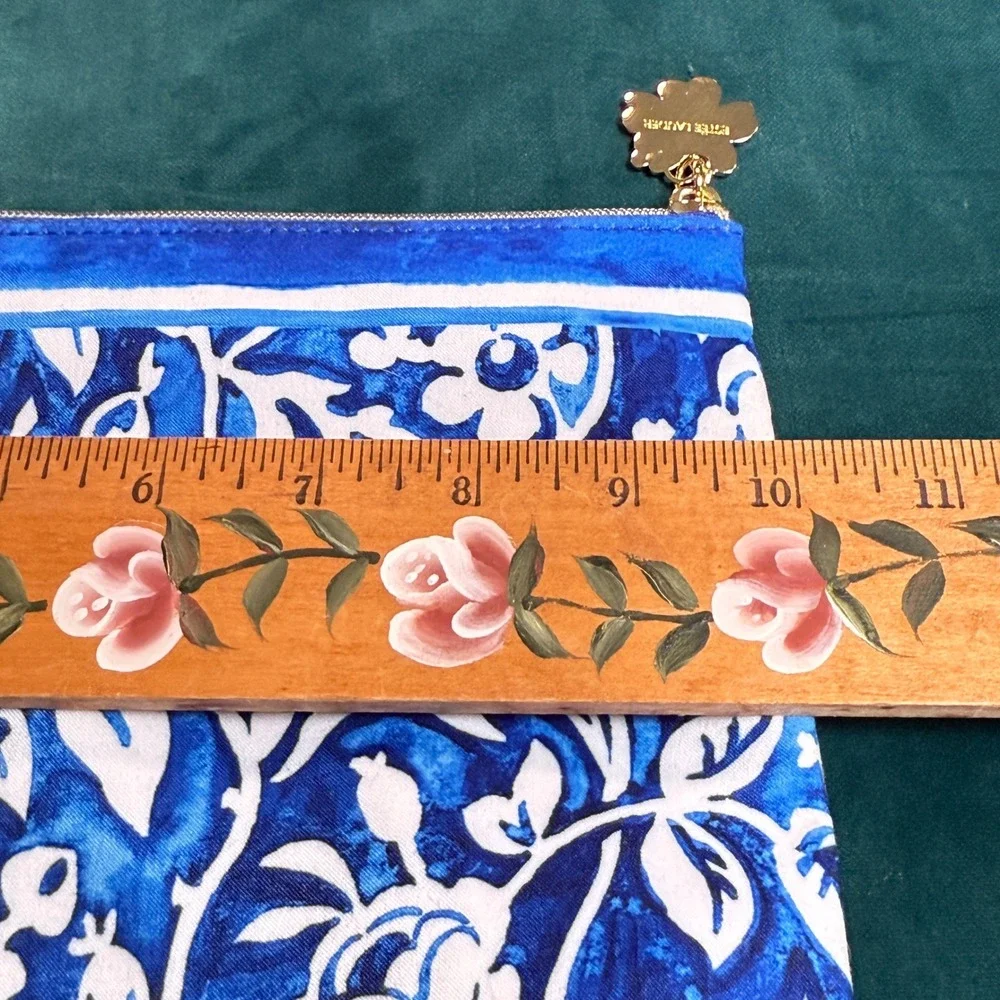 Estee Lauder Blue Floral Print Cosmetic Bag‎ Pouch Zipper Gold Flower Charm